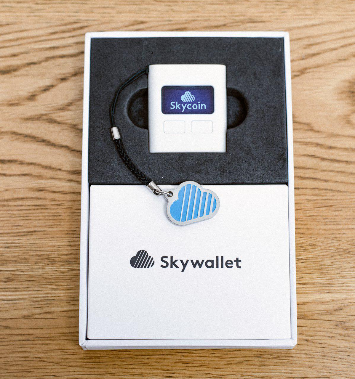 Skywallet showcased in the box with key-chain